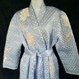 Vintage Natori Quilted Robe Floral Light Blue Satin