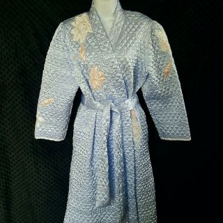 Vintage Natori Quilted Robe Floral Light Blue Satin 2
