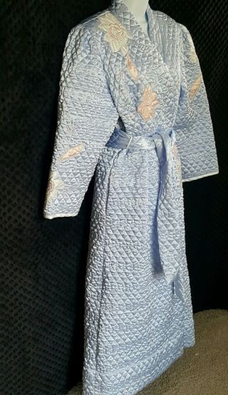 Vintage Natori Quilted Robe Floral Light Blue Satin 3