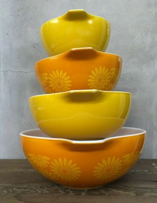 Vintage Pyrex Daisy Nesting Cinderella Mixing Bowls 441 442 443 444 Sunflowers 4
