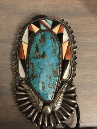 Vintage Signed Art Tafoya Bolo Sterling With Huge Turqouise Stone In The Center