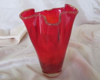 Vintage Art Hand Made Italian Murano Red Color Crystal Glass Vase