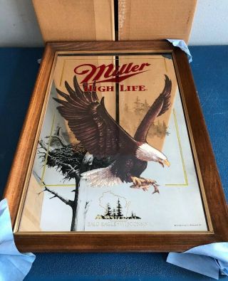 (vtg) Miller High Life Beer Wildlife Series Bald Eagle Wood Frame Mirror Sign
