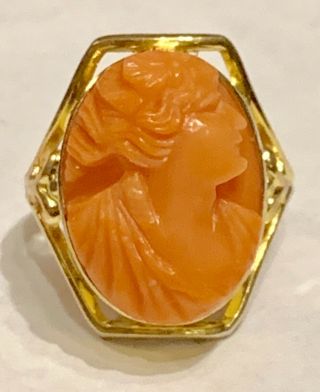 Antique 14k Gold Pink Coral Cameo Art Deco Filigree Ring Sz 4.  5