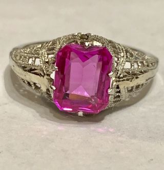 Designer D & F 14k White Gold 1.  0 Ct Ruby Art Deco Filigree Ring Sz 6.  5