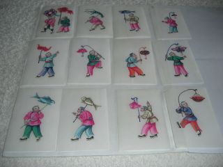 Antique 19th C.  Miniature Handpainted Chinese Figures On Pith Paper X 12.  Boxed.