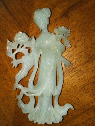 Vtg Chinese Quan Kwan Yin Green Jade/jadeite Hand Carved Geisha Statue