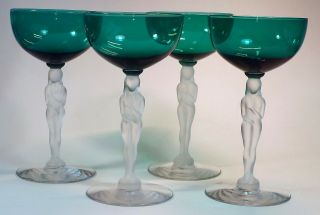 Set 4 Vtg Seneca Glass Shy Bashful Nude Woman Wine Cocktail Glasses Teal Green