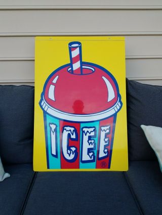 Rare Icee Slushie Drink Store Advertisement Sign Double Sided Large Yellow Vtg