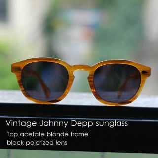 Small Vintage Solid Acetate Johnny Depp Polarized Sunglasses Mens Black Lenses