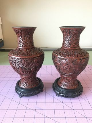 Vintage Chinese Carved Red Cinnabar Vases With Stands