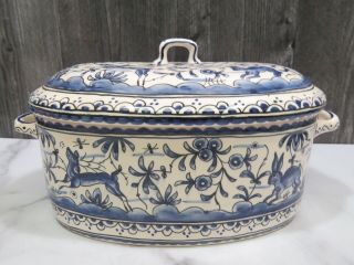 Vintage Hand Painted Condeixa Portugal Blue White Covered Casserole C Gomil Nide