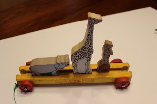 Old 1950 Strombecker Zoo Apart Wood Pull Toy Giraffe Hippo Bear Wooden Antique