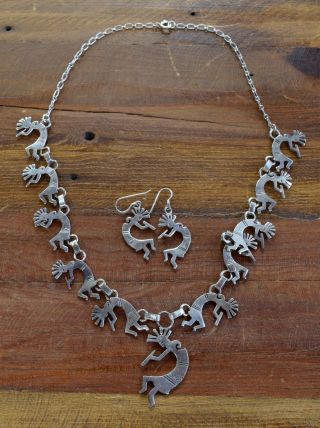 Vintage Navajo Kokopelli Sterling Silver Necklace And Earrings Set