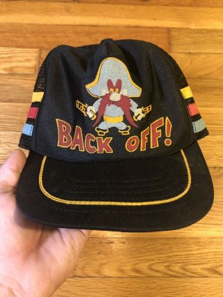 Vintage 3 Stripe Trucker Hat Looney Tunes “back Off” Made In Usa Yosemite Sam