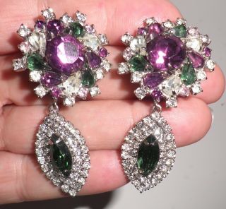 Vintage Signed Hobe Purple Green Clear Rhinestone Clip Drop Dangle Earrings
