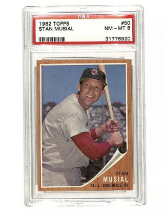 1962 Topps 50 Stan Musial Vintage Card Psa 8 Cardinals