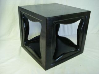 Vintage Black Lacquer Asian 14 " Cube Shaped Shadow Box Foot Stool Table Wood
