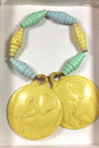 Vintage Baby Crib Toy Teething Ring Elephants Multi Color Celluloid Bakelite ?