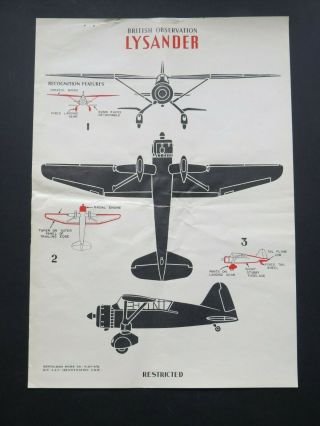1942 14 " X 20 " Aaf Aircraft Id Poster - British Lysander Observation