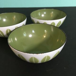 Vintage MCM Cathrineholm White Green Condiment Set Teak Tray Norway Lotus Enamel 7