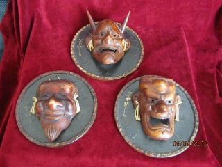 Vintage 3 Rare Japanese Folk Art Sculpture Masks On Wooden Plaques Evil Mask