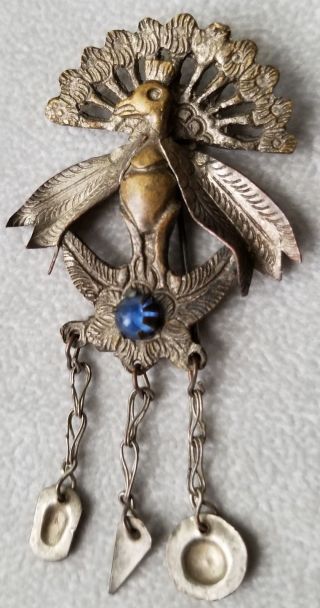 Vintage Antique Colonial Peru Peacock Shawl Manta Tupu Pin Brooch Chatelaine