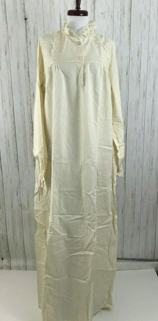 Vtg Granny Gown Beige Nightgown 100 Cotton Red Flannel Factory Lace L Victorian
