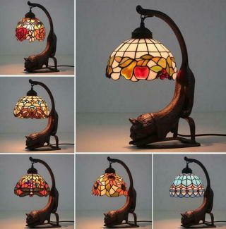 8 " Vintage Tiffany Stained Glass Red Dragonfly Cat Flower Butterfly Table Lamp