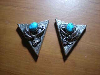 Vintage Navajo Indian Silver Collar Tips Points - Turquoise,  Flowers @ Leaves