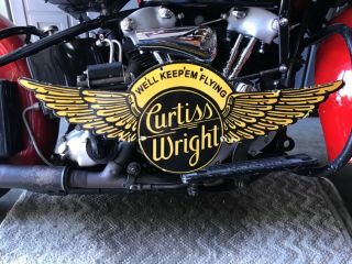 Rare Vintage Porcelain 2 - Sided Curtiss Wright Die Cut Metal Sign Harley Indian