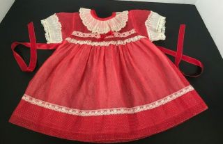 Vintage Baby Girls Dress Sheer Red Swiss Dot W/ Lace Trim Satin Ties White Slip