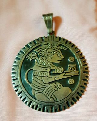 Large Sterling Mexico En Hecho Medallion Pendant Aztec Mayan Warrior Stamped 925