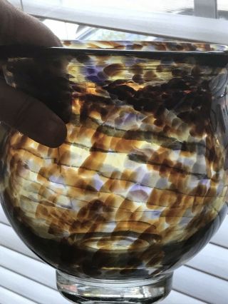 Vtg Fostoria Impressions Blown Glass Bowl Vase 1978 Brown Purple Speckled Signed