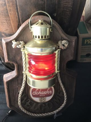 Vintage Schaefer Beer Welcome Lighted Lantern Bar Sign Red Nautical Rope Wood