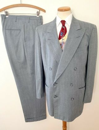 Vtg 40s/50s Double - Breasted Wool 2pc Suit 42 Long Jacket Drop Loops Pants