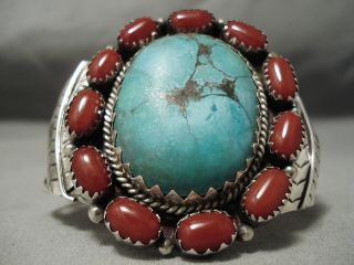 One Of The Best Vintage Navajo Turquoise Coral Sterling Silver Bracelet Old