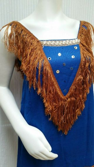 Vintage 1920 ' s Cobalt Blue Silk Dress with Fringe Sequins & Beads - Size XS/S 2