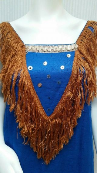 Vintage 1920 ' s Cobalt Blue Silk Dress with Fringe Sequins & Beads - Size XS/S 5