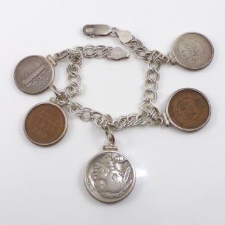 Vtg Sterling Silver Us Coin Nickel Wheat Penny Dime Charm Bracelet 7.  25 " Lfd3