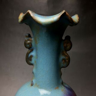 Rare Chinese porcelain Jun kiln red &blue glaze two - ears vase 6