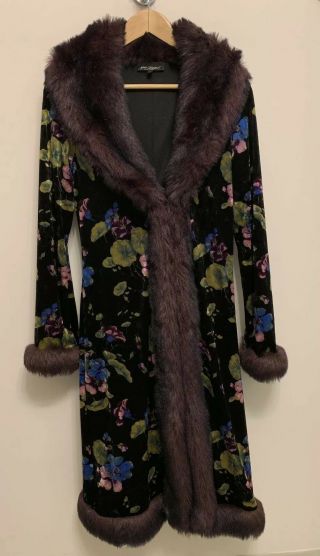 Vintage Black Faux Fur Coat Jacket Duster Large Velvet Betsey Johnson
