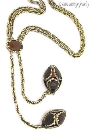 Vintage Crown Trifari Renaissance Poured Topaz Glass Gold Long Lariat Necklace