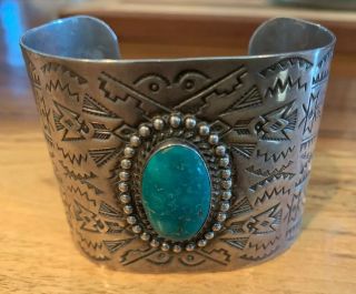 Vintage Sterling Silver Tribal Old Pawn 2 " Wide Turquoise Cuff Bracelet 70 Grams
