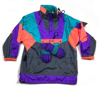 Vtg 90s Nevica Survival Windbreaker Ski Jacket Neon Colorblock,  Gloves Men 
