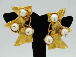 Dominique Aurientis Gold Tone Faux Pearl Leaf Clip - On Earrings