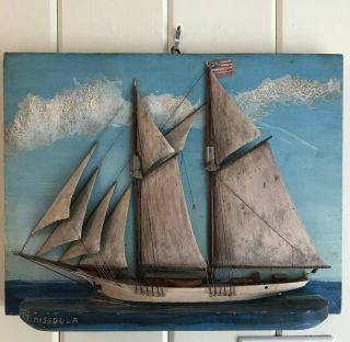 Antique Ship Model 3d Vintage Folk Art Wooden Sailboat Schooner Wall Art