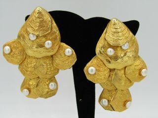 Dominique Aurientis Gold Tone Faux Pearl Seashell Clip - On Dangle Earrings