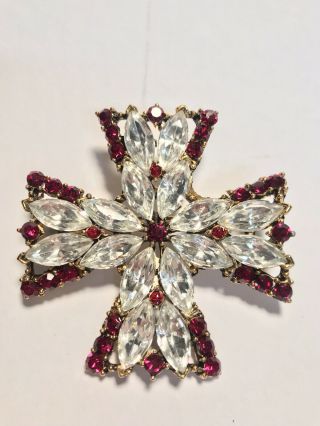 Ruby /crystal Rhinestones Vintage Signed Weiss Cross Brooch