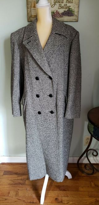 Vtg Pendleton Womens Black White Wool Double Breast Tweed Long Coat Sz 18